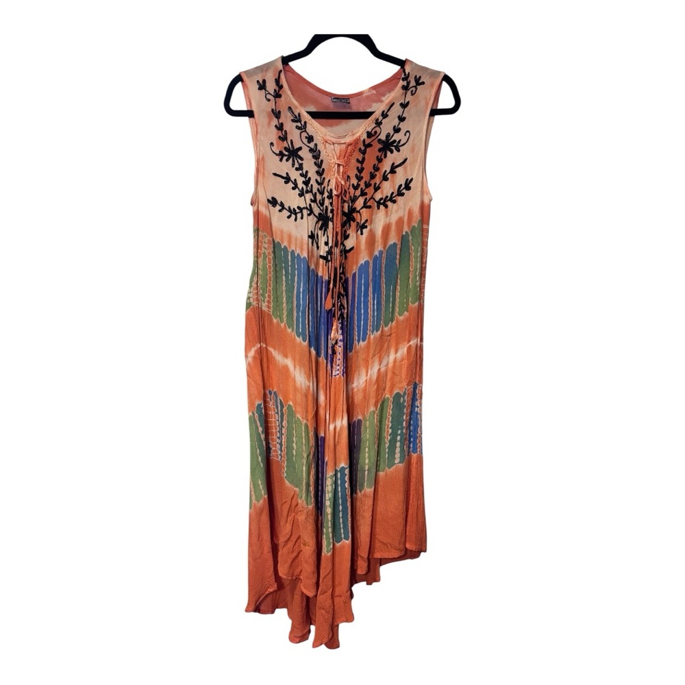 Vibrant Asymmetrical Dress with Black Detailing